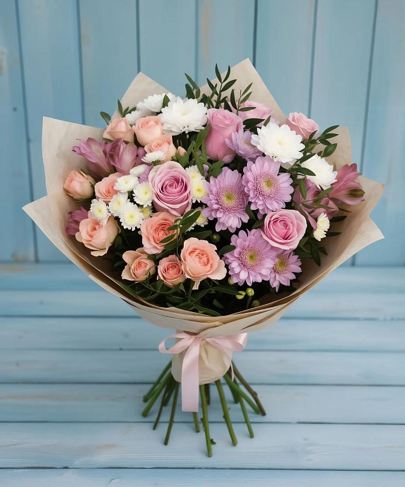 Букет цветов из: Хризантемы, Розы и Альстромерии в Алачково
