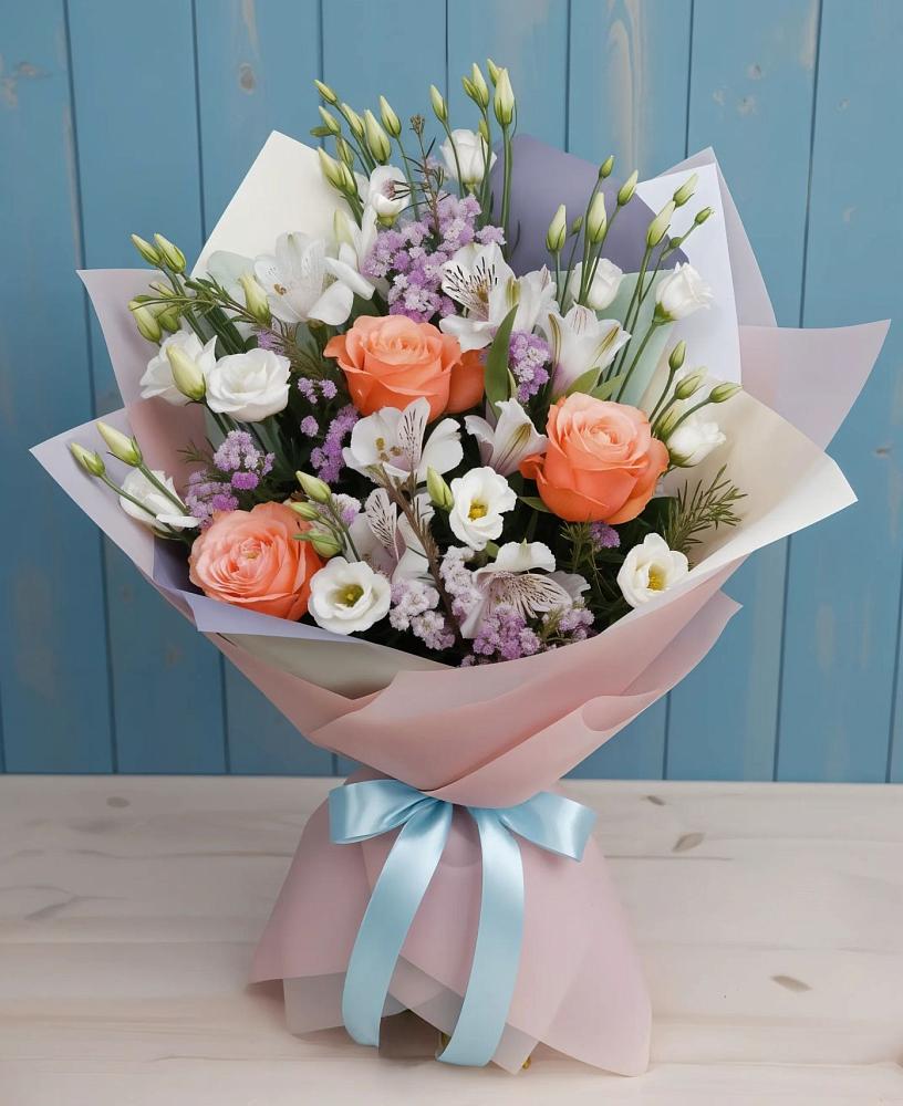 Букет цветов из: Лизиантусы, Розы, Альстромерии и Гипсофила в Алачково