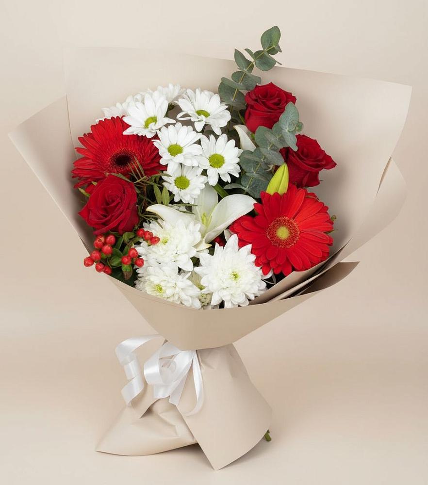 Букет цветов из: Розы, Хризантемы, Герберы и Лилии в Алачково