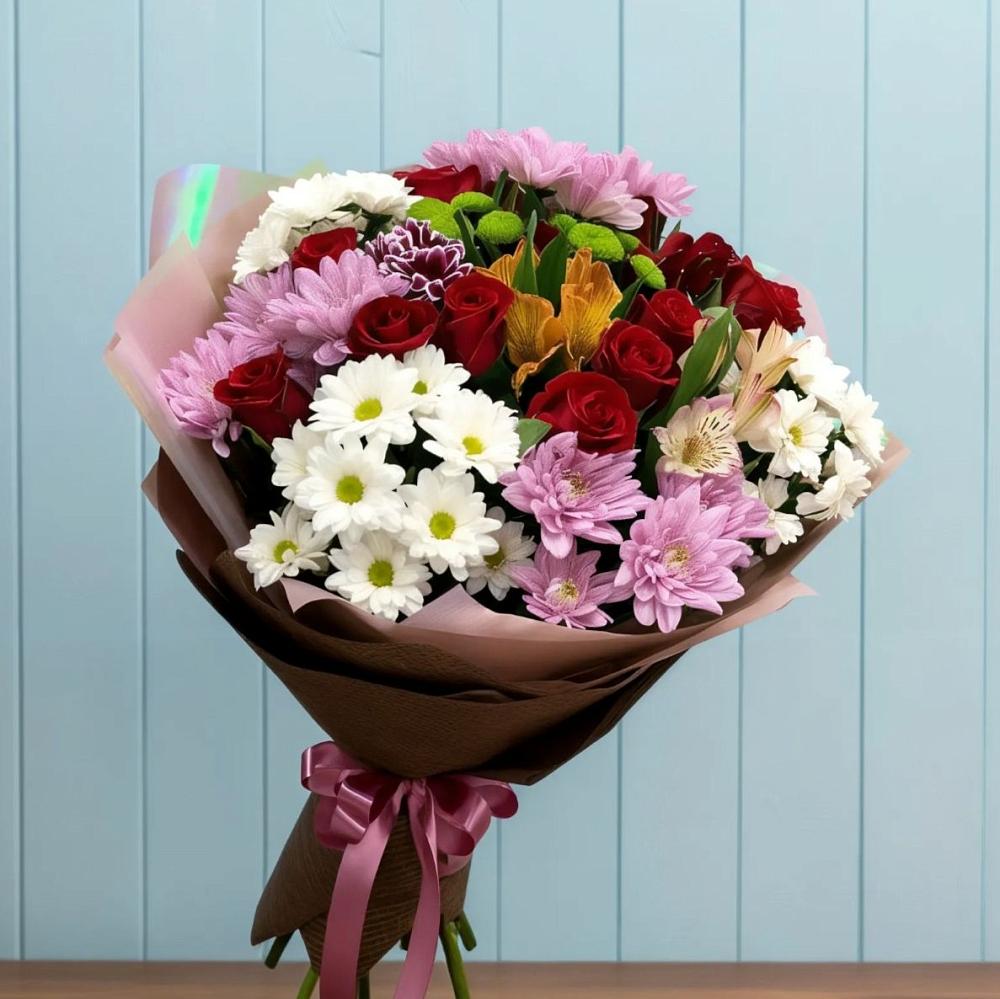 Букет цветов из: Розы, Хризантемы и Альстромерии в Алачково