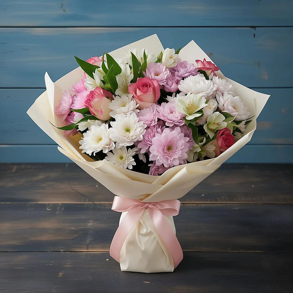 Букет цветов из: Хризантемы, Альстромерии и Розы в Алачково